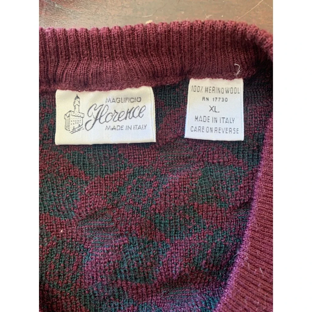 Maglificio Florence Merino Wool V-Neck Sweater XL Burgundy Green Geometric Italy